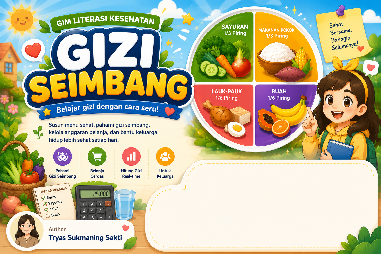 Poster Gim Literasi Kesehatan: Gizi Seimbang — piring dibagi empat bagian: sayuran sepertiga, makanan pokok sepertiga, lauk-pauk seperenam, buah seperenam.